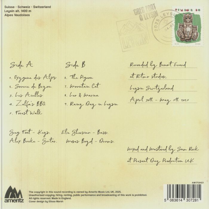 Greg Foat – 6 Days In Leysin (LP, Ameritz, 2025) Back Cover