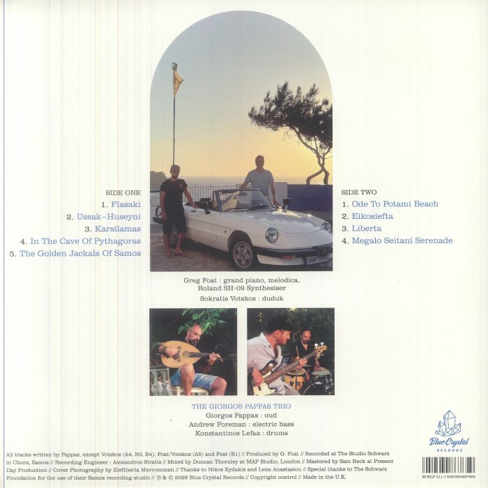 Greg Foat Sokratis Votskos The Giorgos Pappas Trio – Impressions Of Samos (LP, Blue Crystal Records, 2026) Back Cover