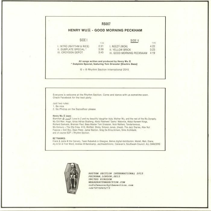 Henry Wu – Good Morning Peckham (12", Rhythm Section International, 2015) Back Cover