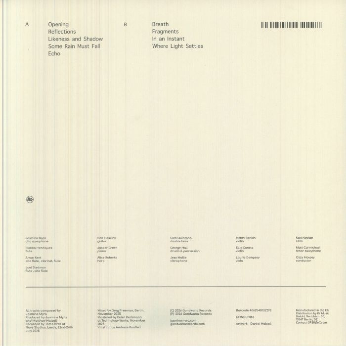 Jasmine Myra – Where Light Settles (LP, Gondwana Records, 2026) Back Cover