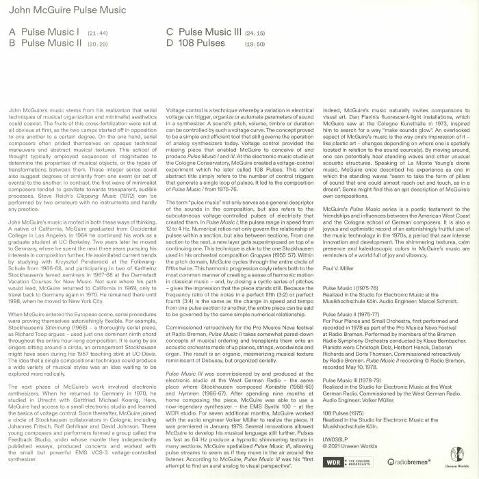 John McGuire – Pulse Music (2xLP, Unseen Worlds, 2022) back cover