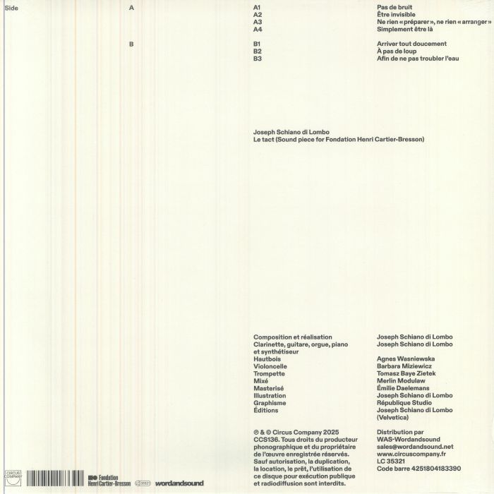 Joseph Schiano di Lombo – Le tact (Sound piece for Fondation Henri Cartier-Bresson) (LP, Circus Company, 2026) Back Cover