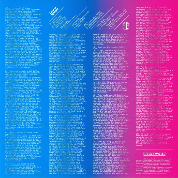 Laurie Spiegel – The Expanding Universe (3xLP, Unseen Worlds, 2019) Back Cover