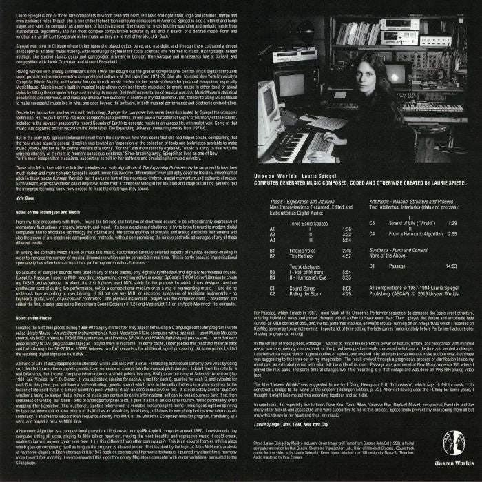 Laurie Spiegel – Unseen Worlds (2xLP, Unseen Worlds, 2019) Back Cover