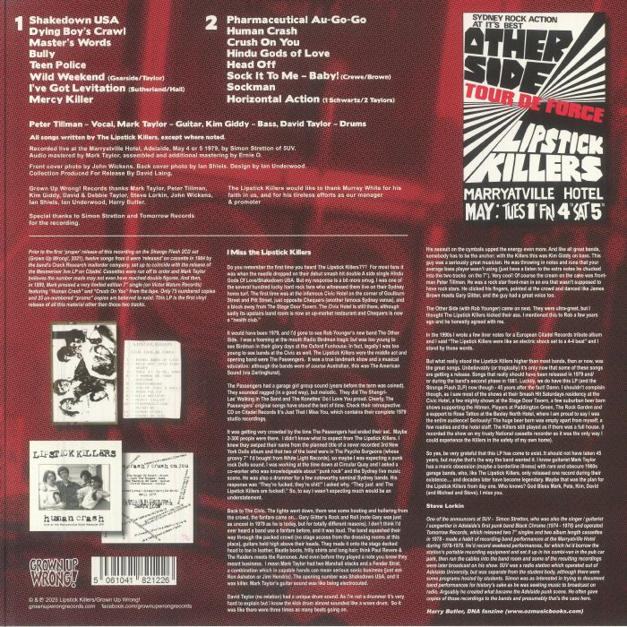 Lipstick Killers – Tour De Force (Live In Adelaide 1979) (LP, Grown Up Wrong!, 2025) Back Cover