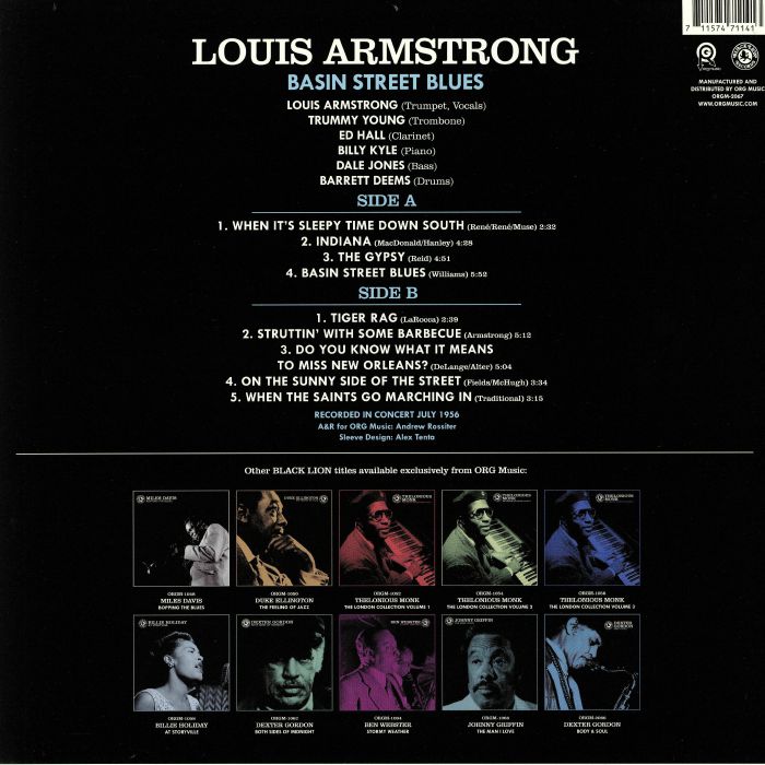 Louis Armstrong – Basin Street Blues (LP, Coke Bottle Clear, 180g, ORG Music, Black Lion Records, 2025) back cover