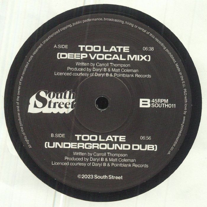 M.A.D Productions Feat. Carroll Thompson – Too Late (12", South Street, 2023) Back Cover