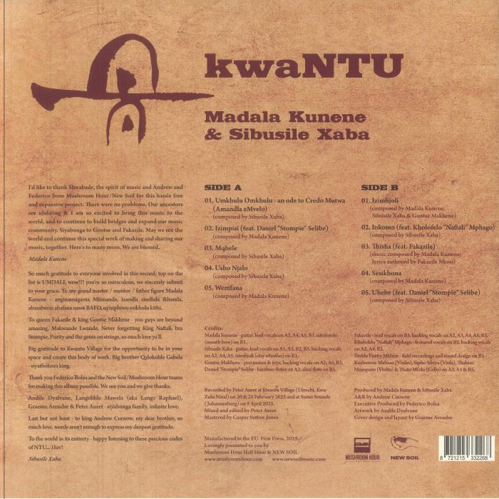 Madala Kunene & Sibusile Xaba – Kwantu (LP, Mushroom Hour Half Hour, 2025) Back Cover