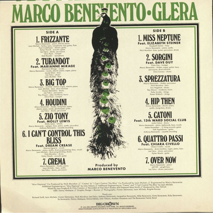 Marco Benevento – Glera (LP, Big Crown Records, 2026) Back Cover