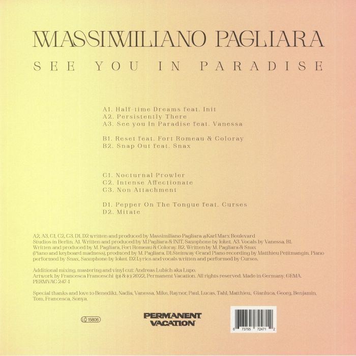 Massimiliano Pagliara – See You In Paradise (2x12", Permanent Vacation, 2022) Back Cover