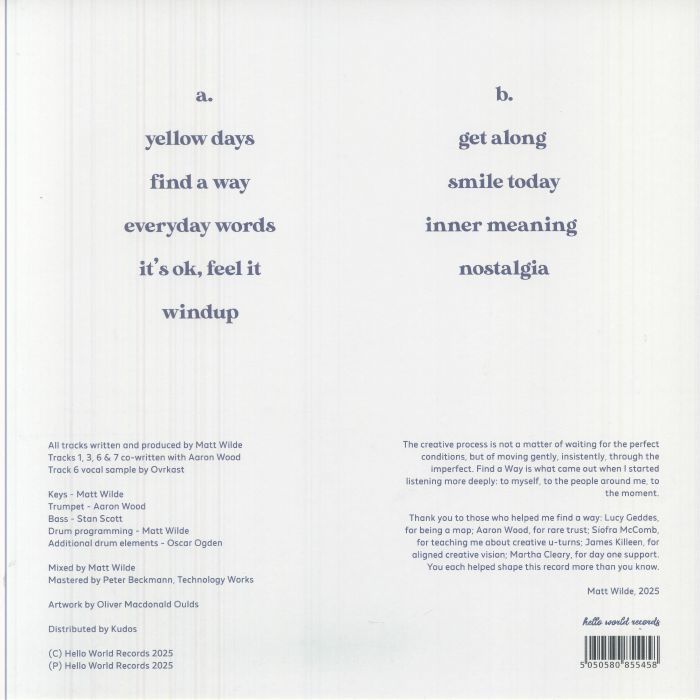 Matt Wilde – Find A Way (LP, Hello World Records, 2025) Back Cover