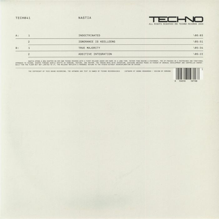 Nastia – TECH041 (12", TECHNO Records, 2026) Back Cover