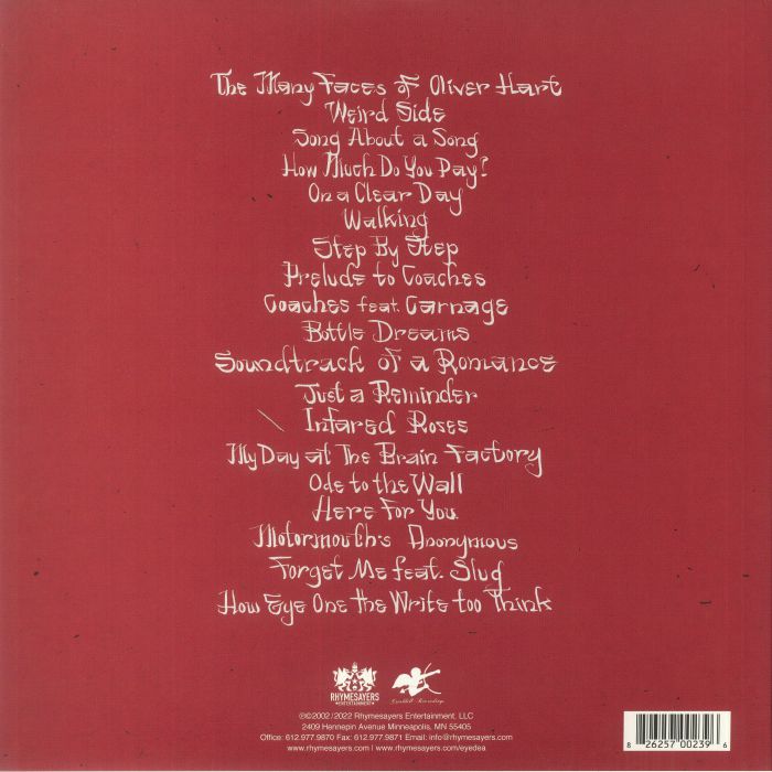 Oliver Hart , Eyedea & Abilities – The Many Faces Of Oliver Hart, Or: How Eye One The Write Too Think (2xLP, Gatefold, Rhymesayers Entertainment, 2023) Back Cover