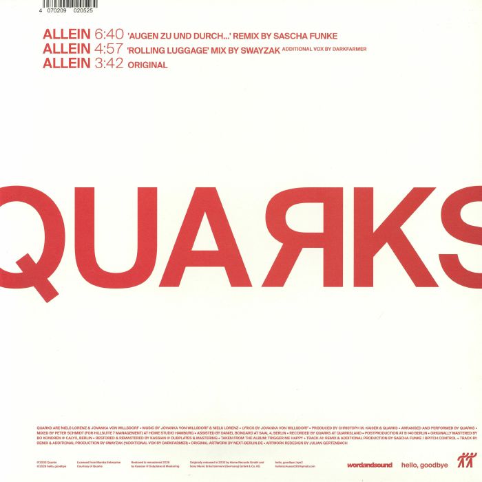 Quarks – Allein (12", hello, goodbye, 2026) Back Cover