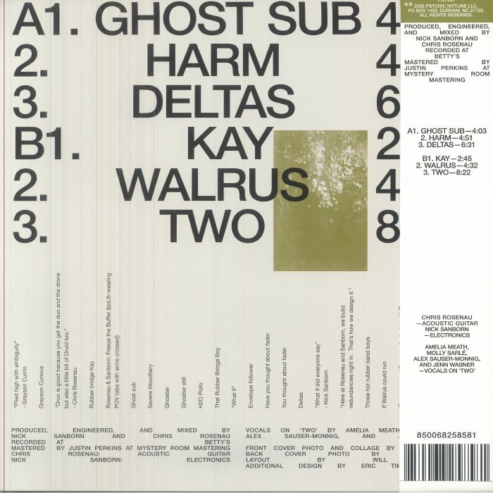 Rosenau & Sanborn – Two (LP, Psychic Hotline, 2026) Back Cover