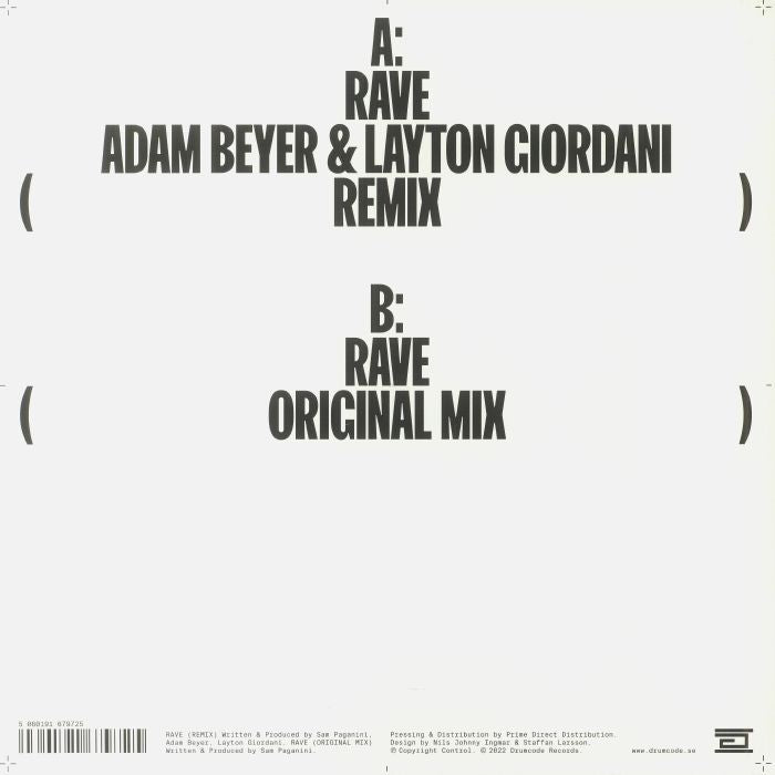 Sam Paganini – Rave (Adam Beyer & Layton Giordani Remix) (12", Drumcode, 2022) Back Cover