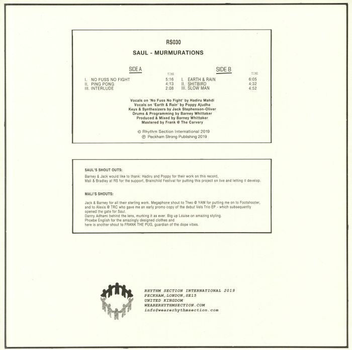 Saul – Murmurations (12", Rhythm Section International, 2019) Back Cover