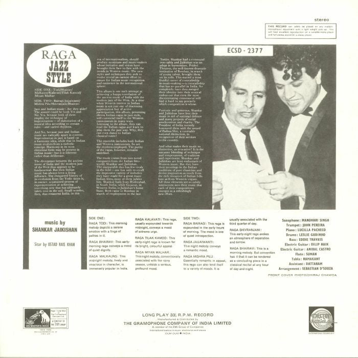 Shankar Jaikishan / Rais Khan – Raga-Jazz Style (LP, Outernational Sounds, 2017) Back Cover