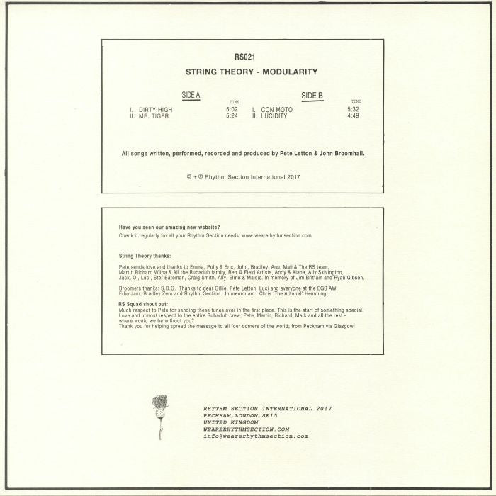 String Theory – Modularity (12", Rhythm Section International, 2018) Back Cover