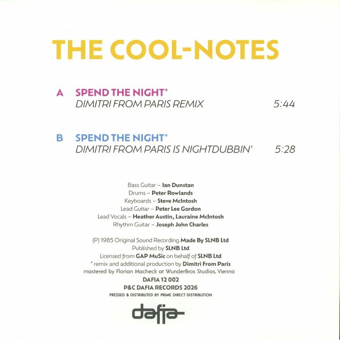 The Cool-Notes – Spend The Night (Dimitri From Paris Remix) (12", Dafia, 2026) Back Cover