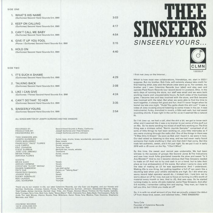 Thee Sinseers – Sinseerly Yours (LP, Colemine Records, 2024) Back Cover