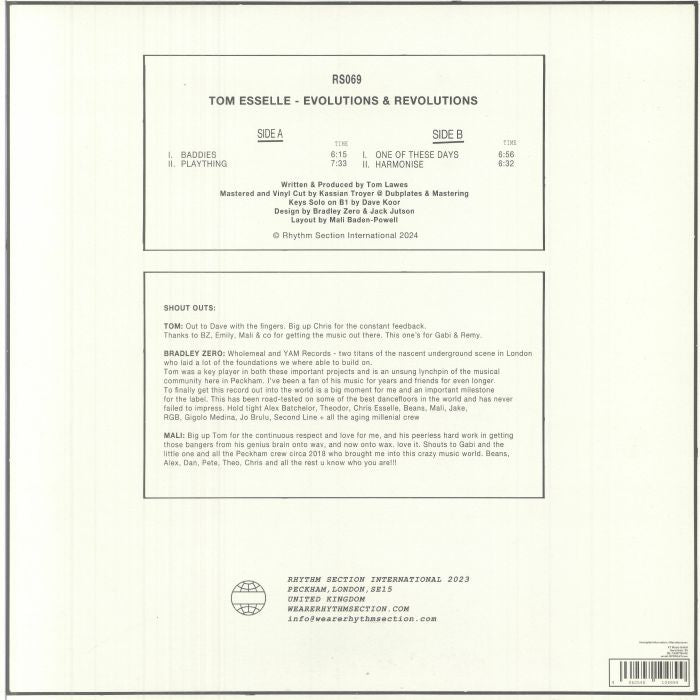 Tom Esselle – Evolutions & Revolutions (12", Rhythm Section International, 2025) Back Cover