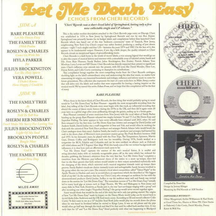 Various – Let Me Down Easy (Echoes From Cheri Records) (LP, Miles Away, 2025) Back Cover