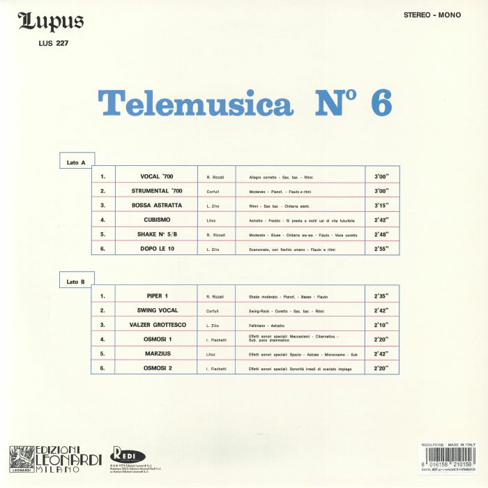 Various – Telemusica No 6 (reissue) (LP, Redi Edizioni Musicali, 2026) Back Cover