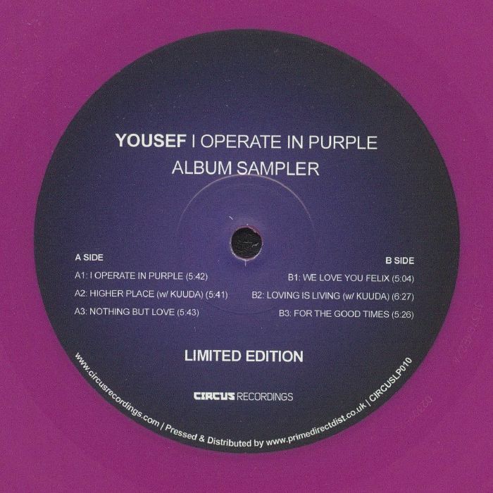 Yousef – I Operate In Purple Album Sampler (12", Purple, Circus Recordings, 2025) back cover
