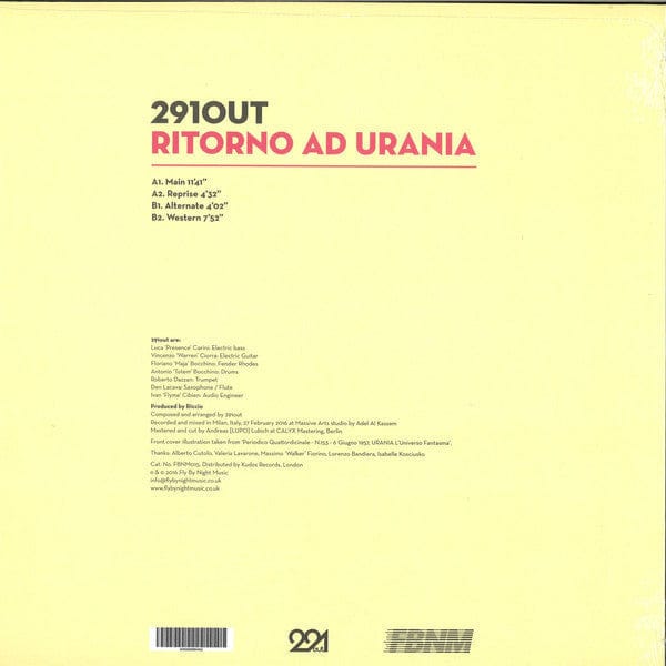 291out – Ritorno ad Urania (12", Fly By Night Music, 2016) Back Cover