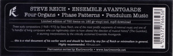 Steve Reich, Ensemble Avantgarde : Four Organs • Phase Patterns • Pendulum Music (LP, Album, Ltd)