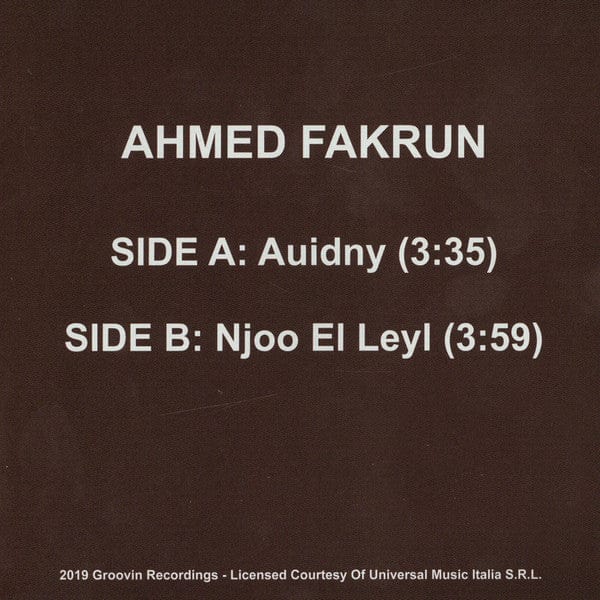 Ahmed Fakrun – Auidny (7", Groovin Recordings, 2019) Back Cover