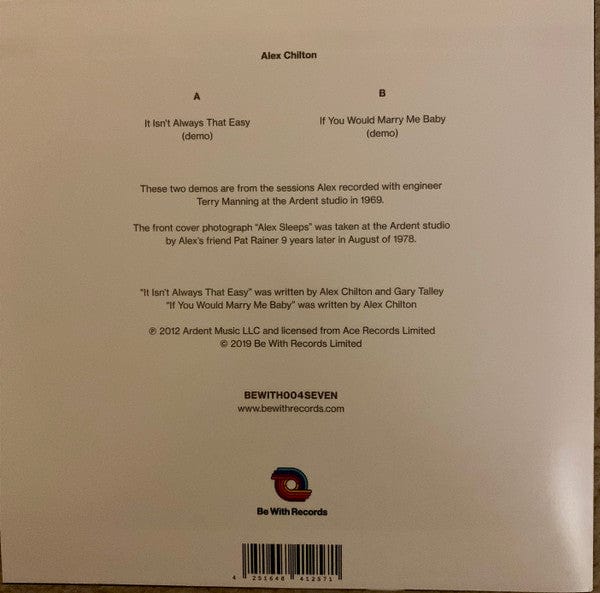 Alex Chilton – It Isn't Always That Easy (7", 40g, Be With Records, 2019) Back Cover