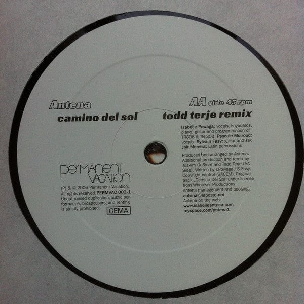 Antena – Camino Del Sol (Joakim & Todd Terje Remix) (12", Permanent Vacation, 2006) Image 4