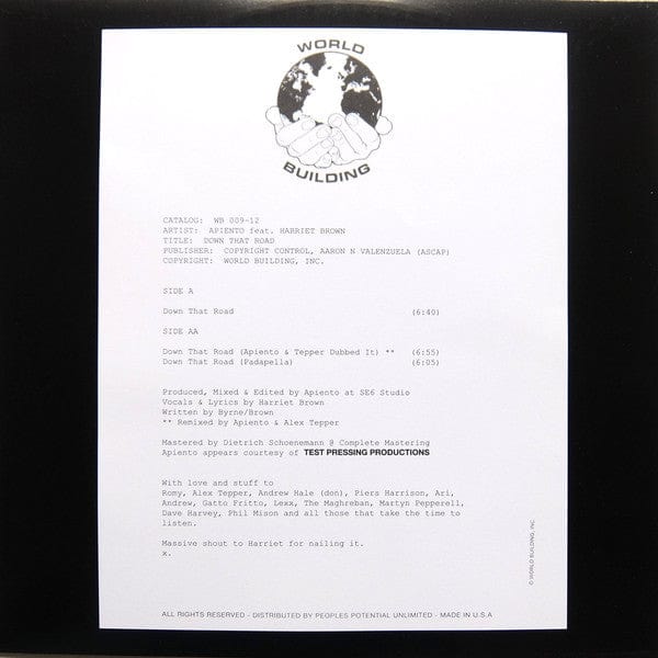 Apiento Harriet Brown – Down That Road (12", World Building, 2019) Image 3