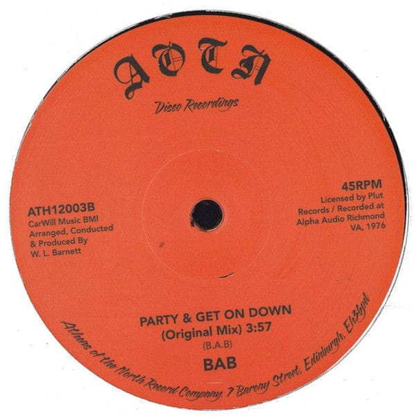 BAB – Party & Get On Down (12", Athens Of The North, 2017) Back Cover