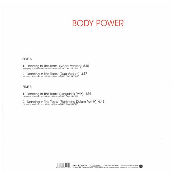 Body Power – Dancing In The Tears (12", ZYX Music, 2019) Back Cover