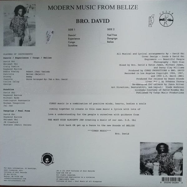 Bro David – Modern Music From Belize (LP, Cultures Of Soul Records, 2019) Back Cover