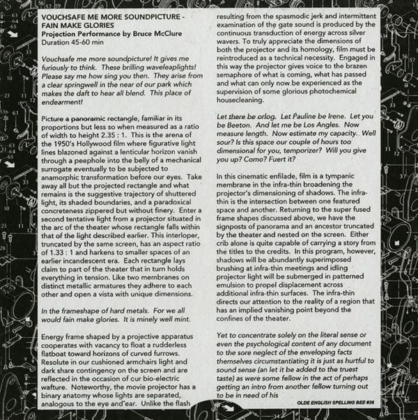 Bruce McClure – Vouchsafe Me More Soundpicture (Fain Make Glories) (LP, Olde English Spelling Bee, 2009) Back Cover