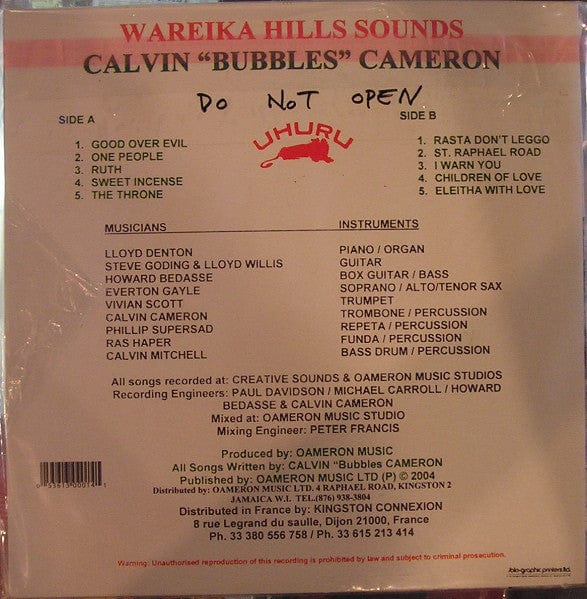 Calvin "Bubbles" Cameron – Wareika Hills Sounds (LP, Uhuru, 2004) Back Cover