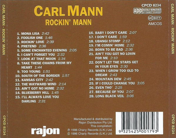 Carl Mann – Rockin' Mann (CD, Charly Records, 1996) Back Cover