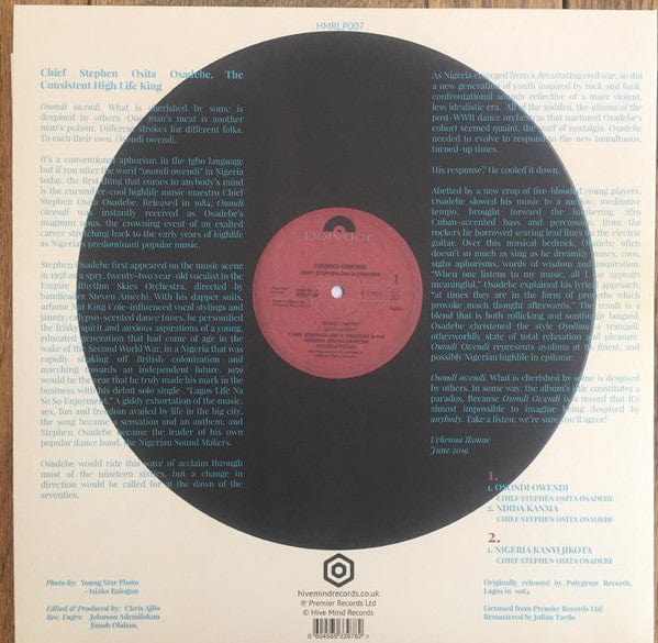 Chief Stephen Osita Osadebe & His Nigeria Sound Makers International – Osondi Owendi (LP, Hive Mind Records, 2019) Back Cover