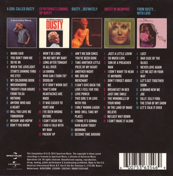 Dusty Springfield – 5 Classic Albums (5xCD+Box Set, Spectrum Music, 2016) Back Cover