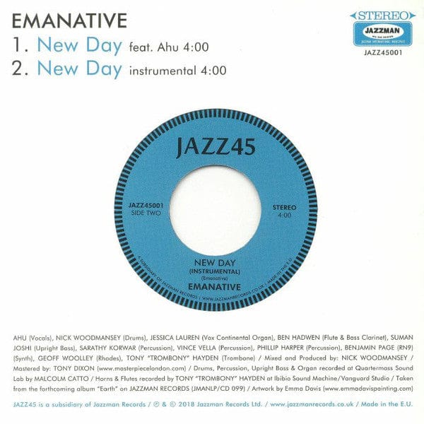 Emanative – New Day (7", Jazz45, 2018) Back Cover