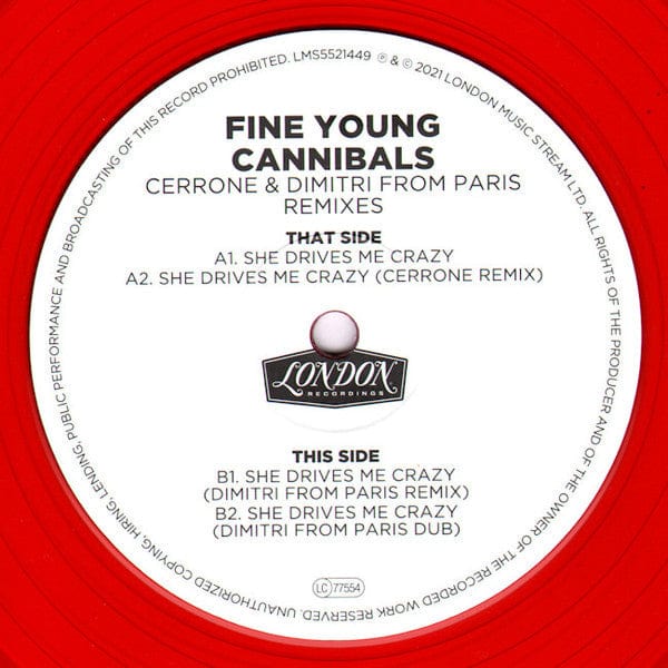 Fine Young Cannibals – She Drives Me Crazy (Cerrone & Dimitri from Paris Remixes) (12", Clear Red, London Records, 2021) Image 4
