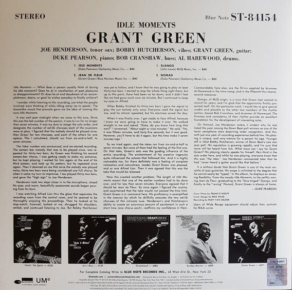 Grant Green – Idle Moments (LP, 180 Gram, Blue Note, 2017) Back Cover