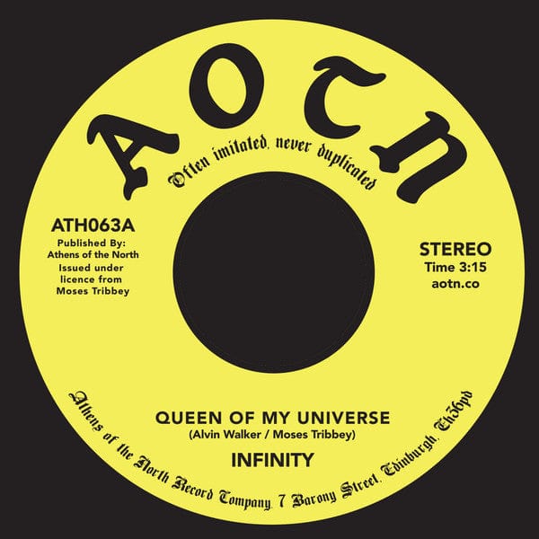 Infinity – Queen Of My Universe (7", Large Centre Hole, Athens Of The North, 2018) Front Cover