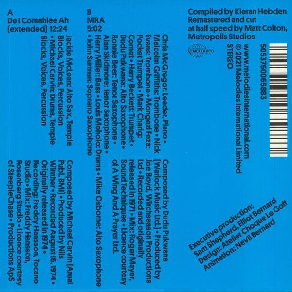 Four Tet Jackie McLean Michael Carvin Chris McGregor's Brotherhood Of Breath – Melodies Record Club 001 (12", Melodies International, 2021) Back Cover