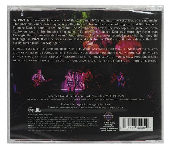 Jefferson Airplane – Sweeping Up The Spotlight - Live At The Fillmore East 1969 (CD, RCA, 2007) Back Cover