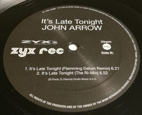 John Arrow – It's Late Tonight (12", ZYX Music, 2021) Back Cover